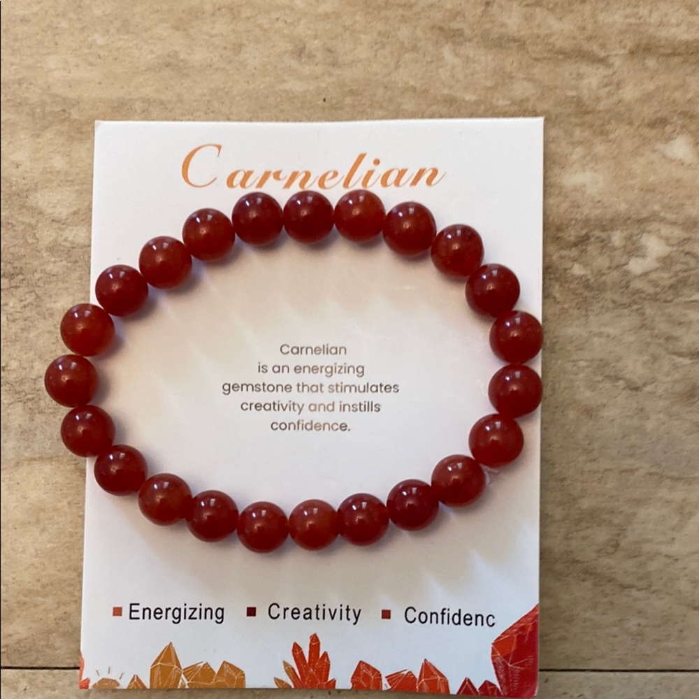 Bracelet-Natural Stone Carnelian Beaded stretchy Bracelet with card. Unisex 3/51